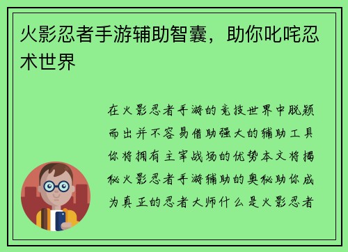 火影忍者手游辅助智囊，助你叱咤忍术世界